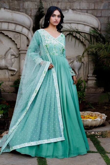 Buy Suruchi Parakh Green Georgette, Net Beads, Sequins Ombre Anarkali With Embroidered Dupatta Online at Aza Fashions Buy_Suruchi Parakh_Green Georgette, Net Beads, Sequins Ombre Anarkali With Embroidered Dupatta _Online_at_Aza_Fashions