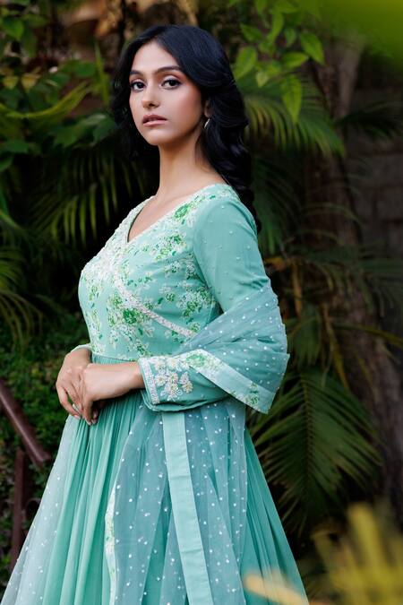 Shop Suruchi Parakh Green Georgette, Net Beads, Sequins Ombre Anarkali With Embroidered Dupatta Online at Aza Fashions Shop_Suruchi Parakh_Green Georgette, Net Beads, Sequins Ombre Anarkali With Embroidered Dupatta _Online_at_Aza_Fashions