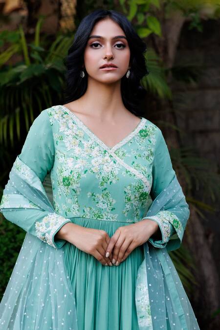 Suruchi Parakh Green Georgette, Net Beads, Sequins Ombre Anarkali With Embroidered Dupatta at Aza Fashions Suruchi Parakh_Green Georgette, Net Beads, Sequins Ombre Anarkali With Embroidered Dupatta _at_Aza_Fashions
