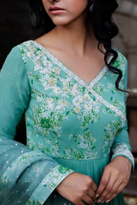 Shop Suruchi Parakh Green Georgette, Net Beads, Sequins Ombre Anarkali With Embroidered Dupatta Shop_Suruchi Parakh_Green Georgette, Net Beads, Sequins Ombre Anarkali With Embroidered Dupatta
