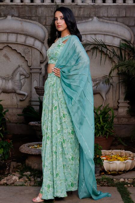 Buy Suruchi Parakh Green Georgette, Organza Beads, Floral Print Pre-draped Saree And Blouse Set Online at Aza Fashions Buy_Suruchi Parakh_Green Georgette, Organza Beads, Floral Print Pre-draped Saree And Blouse Set _Online_at_Aza_Fashions