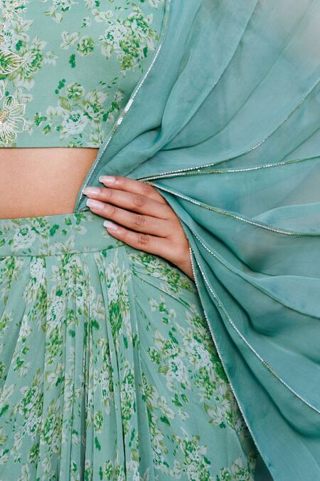 Buy Suruchi Parakh Green Georgette, Organza Beads, Floral Print Pre-draped Saree And Blouse Set Buy_Suruchi Parakh_Green Georgette, Organza Beads, Floral Print Pre-draped Saree And Blouse Set