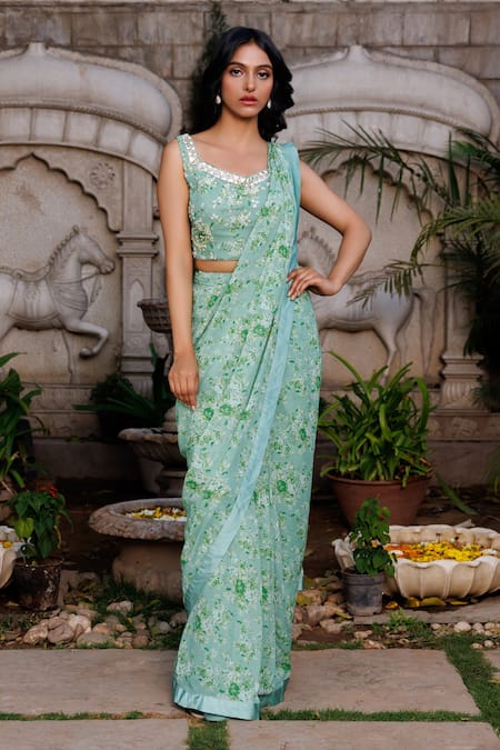 Suruchi Parakh_Green Georgette, Organza Beads, Floral Print Pre-draped Saree And Blouse Set _Online_at_Aza_Fashions