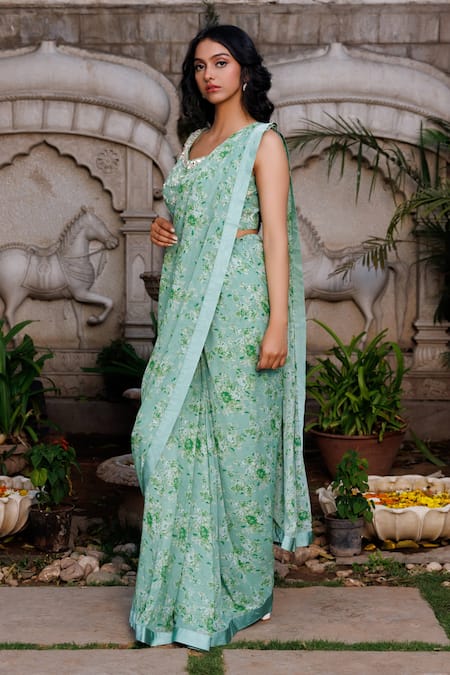 Buy_Suruchi Parakh_Green Georgette, Organza Beads, Floral Print Pre-draped Saree And Blouse Set _Online_at_Aza_Fashions