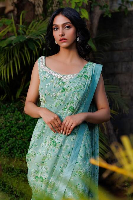 Shop_Suruchi Parakh_Green Georgette, Organza Beads, Floral Print Pre-draped Saree And Blouse Set _Online_at_Aza_Fashions