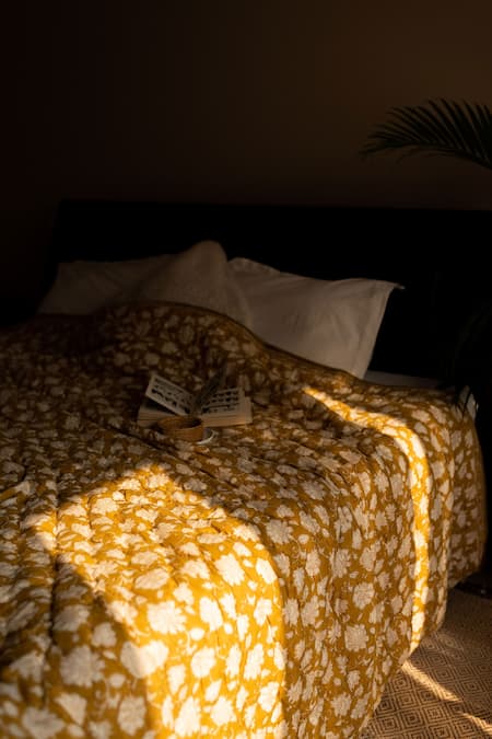 Raamae_Yellow 100% Cotton Hand Block Print Lyla Quilt With Cushion Cover_at_Aza_Fashions