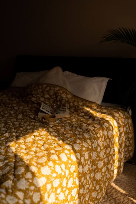 Shop_Raamae_Yellow 100% Cotton Hand Block Print Lyla Quilt With Pillow Cover_Online_at_Aza_Fashions