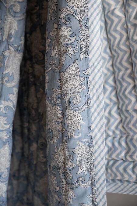 Raamae Blue 100% Cotton Hand Block Print Mogra Quilt With Pillow Covers Online at Aza Fashions Raamae_Blue 100% Cotton Hand Block Print Mogra Quilt With Pillow Covers_Online_at_Aza_Fashions