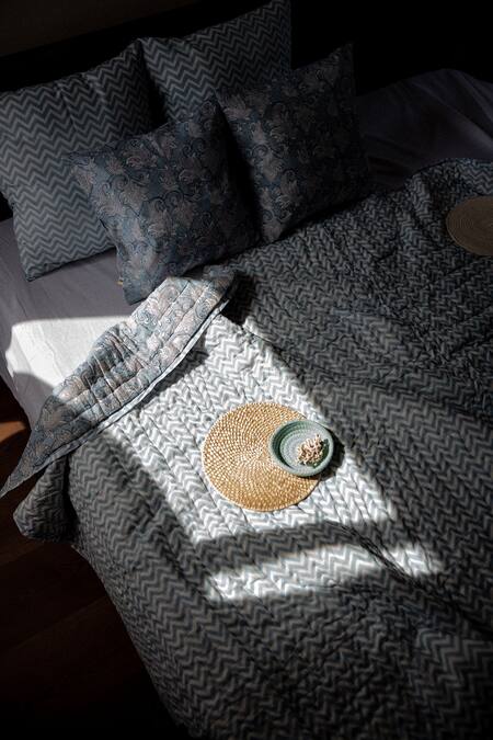 Shop Raamae Blue 100% Cotton Hand Block Print Mogra Quilt With Pillow Covers Online at Aza Fashions Shop_Raamae_Blue 100% Cotton Hand Block Print Mogra Quilt With Pillow Covers_Online_at_Aza_Fashions