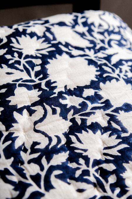 Shop_Raamae_Blue 100% Cotton Hand Block Print Bouti Chevron Quilt With Pillow Covers_Online_at_Aza_Fashions