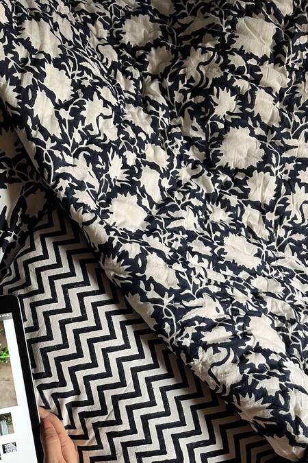 Raamae_Blue 100% Cotton Hand Block Print Bouti Chevron Quilt With Pillow Covers_at_Aza_Fashions