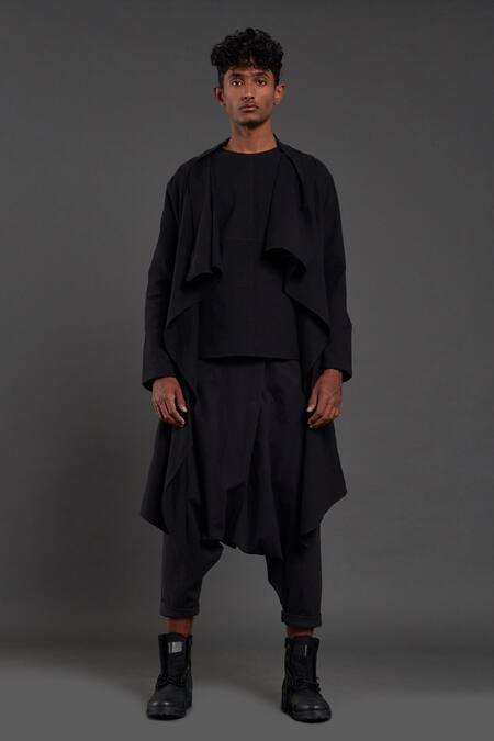 MATI_Black 100% Cotton Front Open Jacket And Pant Set_Online_at_Aza_Fashions