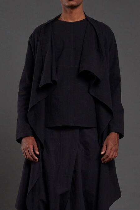 Buy_MATI_Black 100% Cotton Front Open Jacket And Pant Set_Online_at_Aza_Fashions