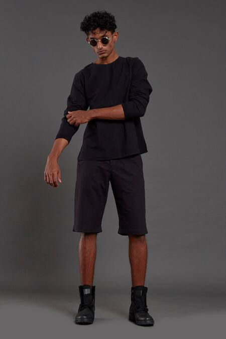 Buy_MATI_Black 100% Cotton Hand Woven T-shirt Shorts Set_Online_at_Aza_Fashions