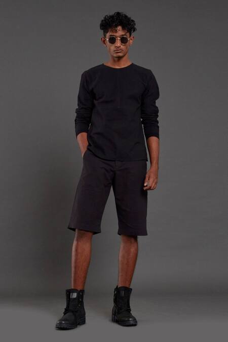 Shop_MATI_Black 100% Cotton Hand Woven T-shirt Shorts Set_Online_at_Aza_Fashions