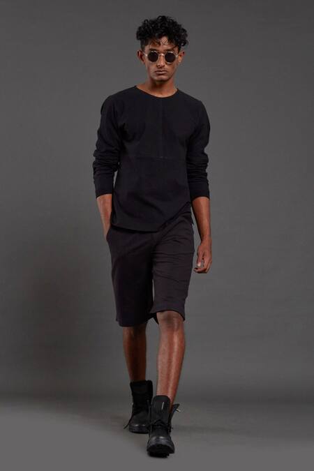 MATI_Black 100% Cotton Hand Woven T-shirt Shorts Set_at_Aza_Fashions