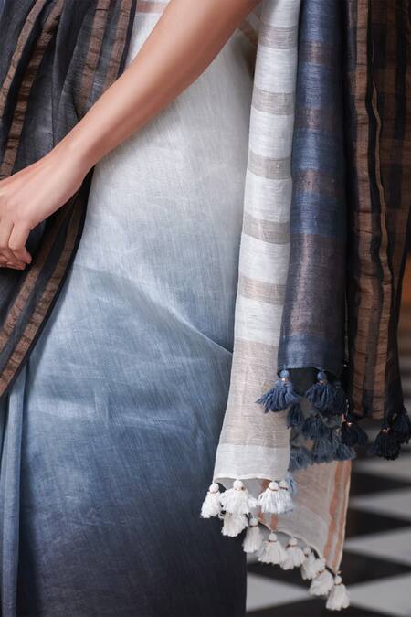 Dressfolk Black Silk, Linen Tassels Ombre Saree With Running Blouse Online at Aza Fashions Dressfolk_Black Silk, Linen Tassels Ombre Saree With Running Blouse_Online_at_Aza_Fashions