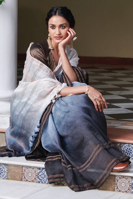 Buy Dressfolk Black Silk, Linen Tassels Ombre Saree With Running Blouse Online at Aza Fashions Buy_Dressfolk_Black Silk, Linen Tassels Ombre Saree With Running Blouse_Online_at_Aza_Fashions