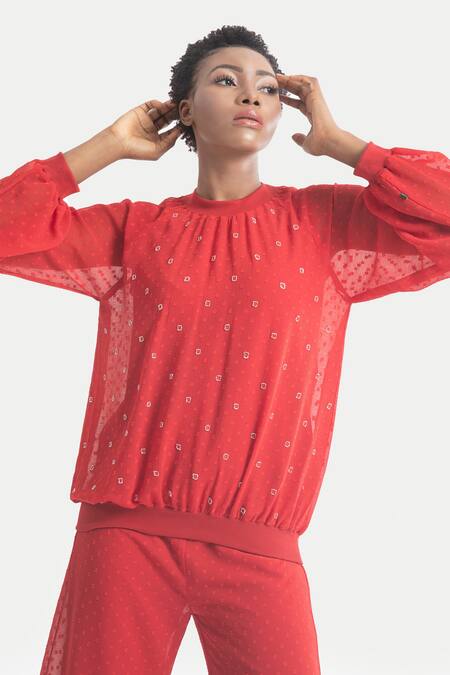 House Of Thl_Red Chiffon Dobby Aari Work Ribbed Rada Embroidered Blouse And Trouser Set _Online_at_Aza_Fashions