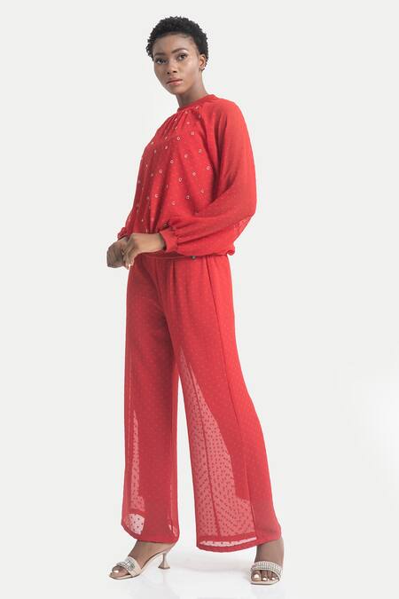 Buy_House Of Thl_Red Chiffon Dobby Aari Work Ribbed Rada Embroidered Blouse And Trouser Set _Online_at_Aza_Fashions