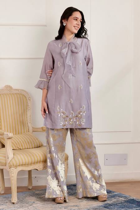 Shop_Pairaahan_Purple Kurta Chanderi Embroidered Pearl Sequin Embellished With Metallic Pant_Online_at_Aza_Fashions