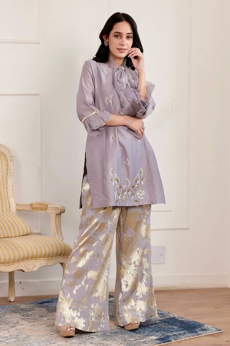 Buy_Pairaahan_Purple Kurta Chanderi Embroidered Pearl Sequin Embellished With Metallic Pant