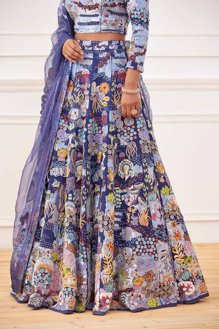 Rahul Mishra Blue Blouse And Lehenga - Silk Embroidery Sequin & Under Water 3d Hand Set Online at Aza Fashions Rahul Mishra_Blue Blouse And Lehenga - Silk Embroidery Sequin & Under Water 3d Hand Set _Online_at_Aza_Fashions