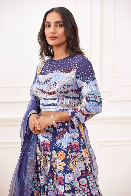Buy Rahul Mishra Blue Blouse And Lehenga - Silk Embroidery Sequin & Under Water 3d Hand Set Online at Aza Fashions Buy_Rahul Mishra_Blue Blouse And Lehenga - Silk Embroidery Sequin & Under Water 3d Hand Set _Online_at_Aza_Fashions