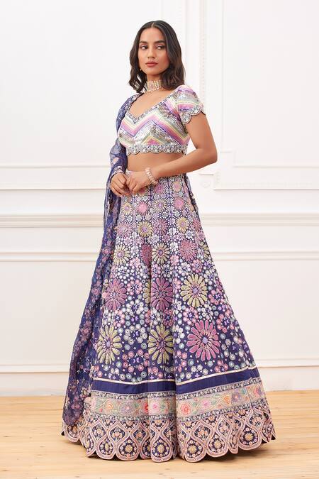 Rahul Mishra Blue Silk, Viscose, Organza Embroidery, Mirrors Keyhole Aaina Hand Lehenga Set Online at Aza Fashions Rahul Mishra_Blue Silk, Viscose, Organza Embroidery, Mirrors Keyhole Aaina Hand Lehenga Set _Online_at_Aza_Fashions