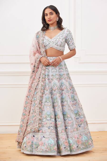 Rahul Mishra_Blue Lehenga And Blouse Shell- Silk Embroidered Floral V Gul-e-bahar Bridal Set _Online_at_Aza_Fashions