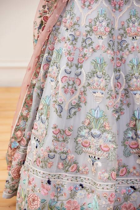 Buy_Rahul Mishra_Blue Lehenga And Blouse Shell- Silk Embroidered Floral V Gul-e-bahar Bridal Set _Online_at_Aza_Fashions