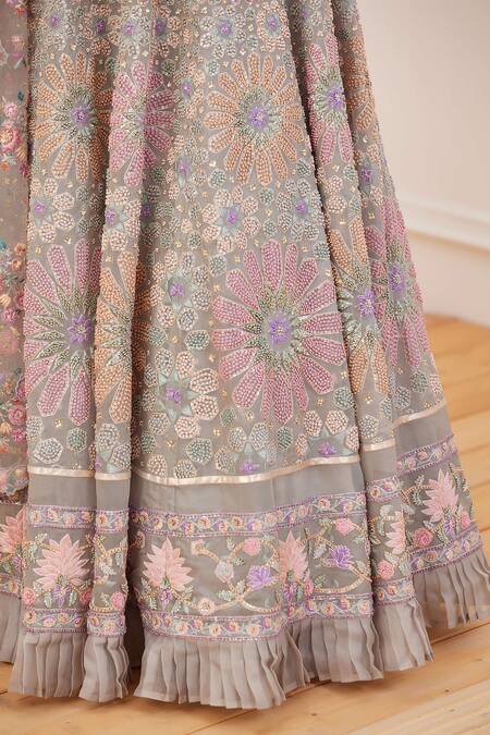 Rahul Mishra_Grey Lehenga- Silk Embroidery French Knot And Sequin V Inara Floral Bridal Set _Online_at_Aza_Fashions