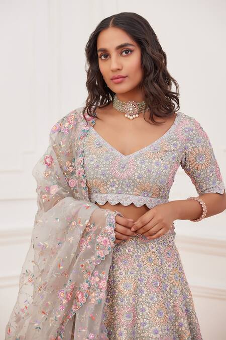 Buy_Rahul Mishra_Grey Lehenga- Silk Embroidery French Knot And Sequin V Inara Floral Bridal Set _Online_at_Aza_Fashions