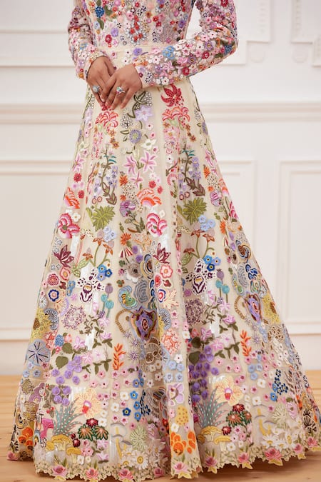 Rahul Mishra_Yellow Shell- Silk Embroidered Floral Round Heimat Hand Gown _Online_at_Aza_Fashions