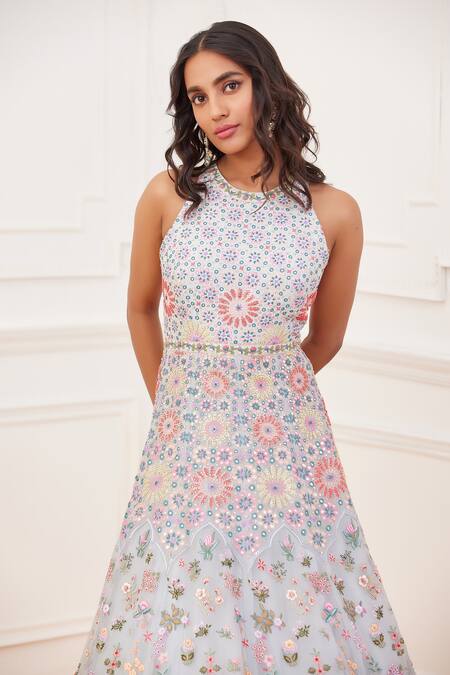 Buy_Rahul Mishra_Blue Silk Embroidery Thread Halter Floral Gown _Online_at_Aza_Fashions