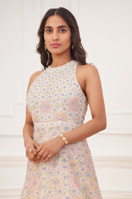 Buy_Rahul Mishra_Yellow Silk Embroidery Thread And Sequin Halter Inara Gown _Online_at_Aza_Fashions