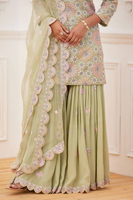 Rahul Mishra_Green Kurta - Silk Embroidery Thread Round Floral Gharara Set _Online_at_Aza_Fashions