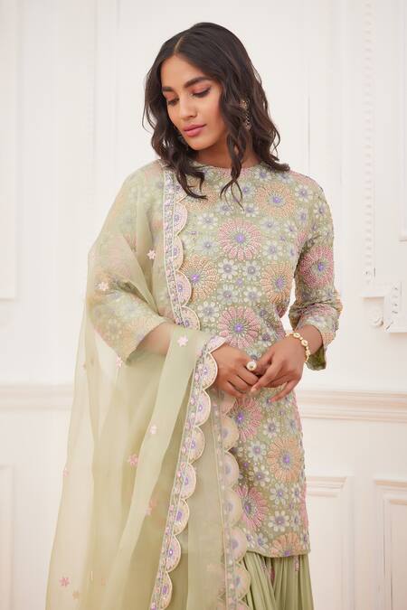 Buy_Rahul Mishra_Green Kurta - Silk Embroidery Thread Round Floral Gharara Set _Online_at_Aza_Fashions
