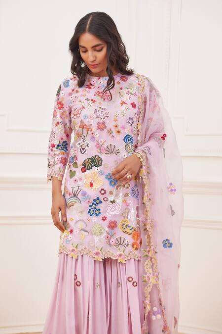 Buy_Rahul Mishra_Purple Kurta Embroidered Floral Round Heimat Sharara Set _Online_at_Aza_Fashions
