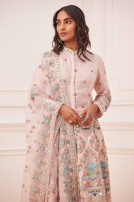 Buy_Rahul Mishra_Pink Silk Embroidered Floral Mandarin Collar Gul-e-bahar Anarkali Set _Online_at_Aza_Fashions