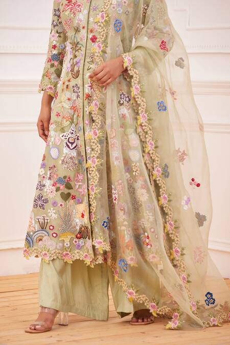 Rahul Mishra_Green Silk, Viscose Embroidery Bandeau Neck Anarkali Palazzo Set _Online_at_Aza_Fashions
