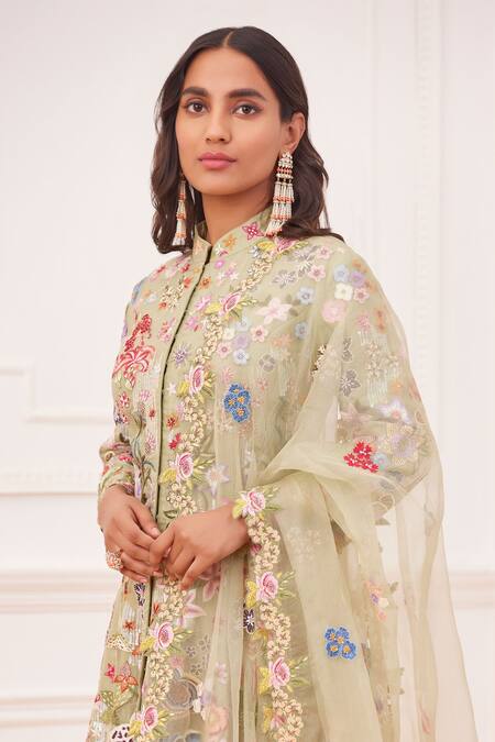 Buy_Rahul Mishra_Green Silk, Viscose Embroidery Bandeau Neck Anarkali Palazzo Set _Online_at_Aza_Fashions