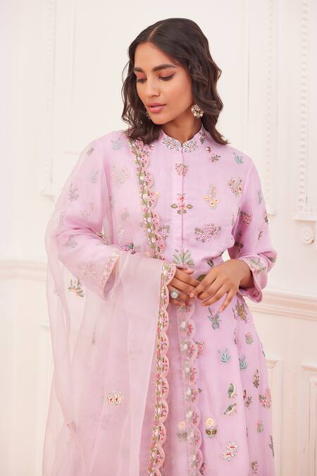 Buy_Rahul Mishra_Purple Silk, Viscose Embroidery Bandeau Neck Floral Anarkali Set _Online_at_Aza_Fashions