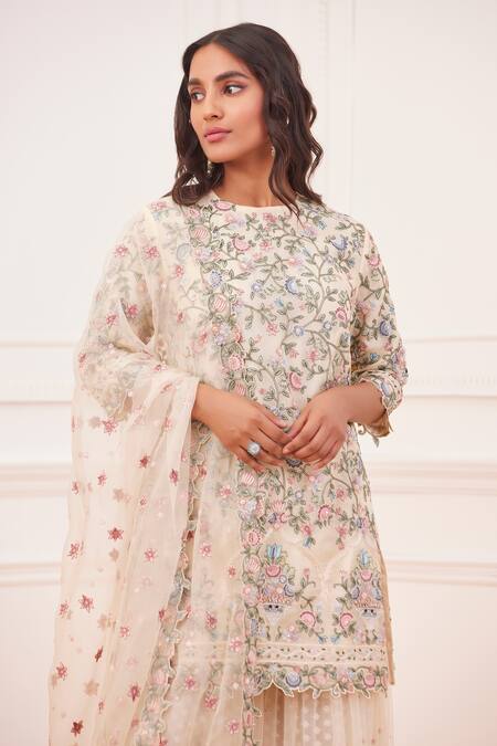 Buy_Rahul Mishra_Yellow Kurta Embroidered Floral Round Gul-e-bahar Silk Sharara Set _Online_at_Aza_Fashions