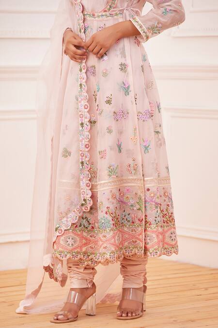 Rahul Mishra_Pink Angrakha Embroidered Floral Round Meena Jharokha Set _Online_at_Aza_Fashions