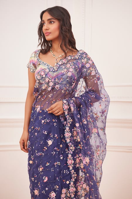Rahul Mishra_Blue Silk, Viscose Embroidery Collared Aaina Hand Saree With Blouse _Online_at_Aza_Fashions