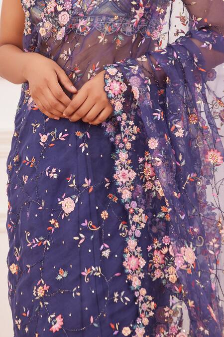 Buy_Rahul Mishra_Blue Silk, Viscose Embroidery Collared Aaina Hand Saree With Blouse _Online_at_Aza_Fashions