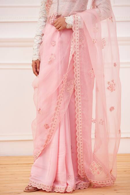 Rahul Mishra_Pink Silk Embroidery Thread And Sequin V Neck Bidri Saree With Blouse _Online_at_Aza_Fashions