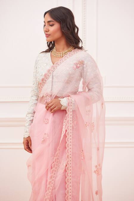 Buy_Rahul Mishra_Pink Silk Embroidery Thread And Sequin V Neck Bidri Saree With Blouse _Online_at_Aza_Fashions