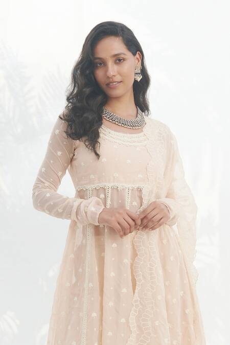 Mulmul_Beige 100% Pure Mulmul Embroidered Floral Raia Anarkali Pant Set _Online_at_Aza_Fashions